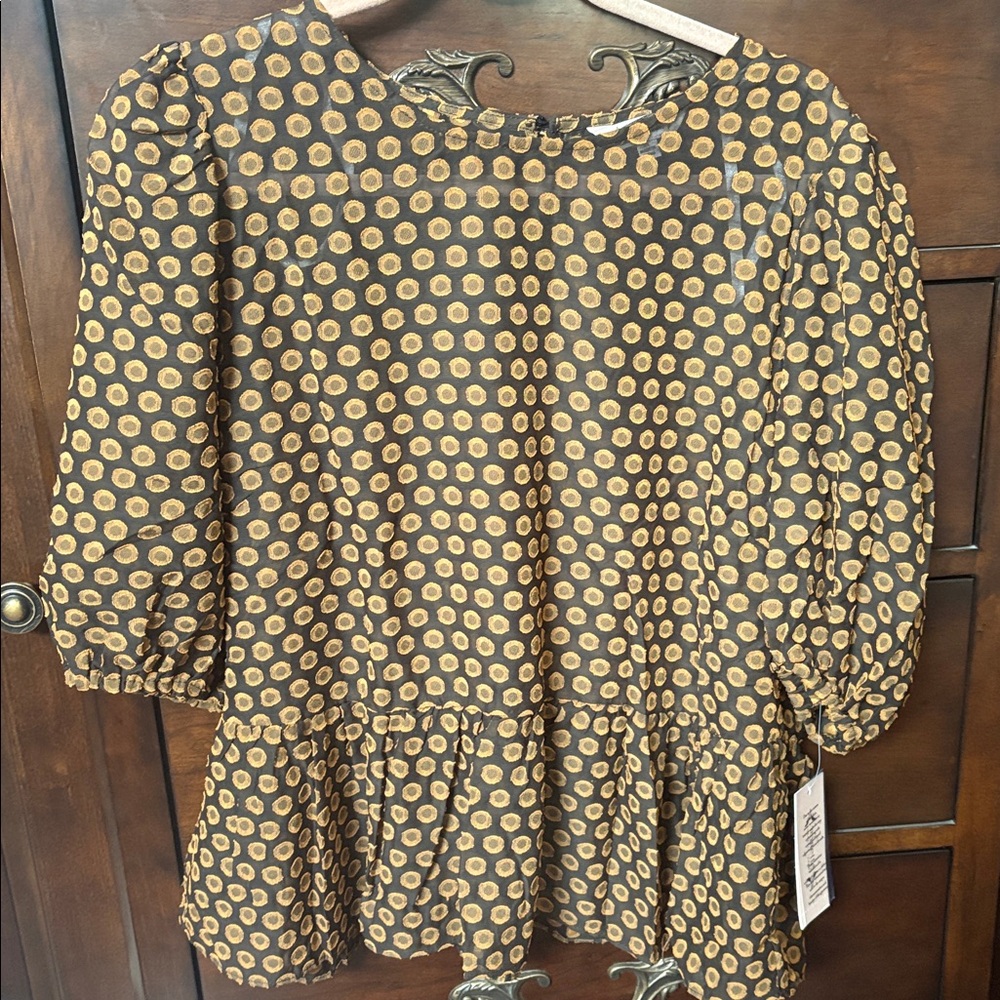 NWT Nanette Lepore Black and Brown Polka Dot Peplum Blouse